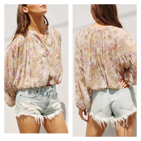 Vici Tops - VICI Paisley Floral Button Front Cropped Balloon Sleeve Blouse L Bohemian Boho